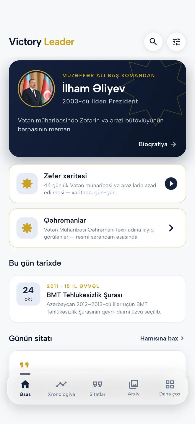 Victory Leader Aliyev tətbiqinin əsas ekranı