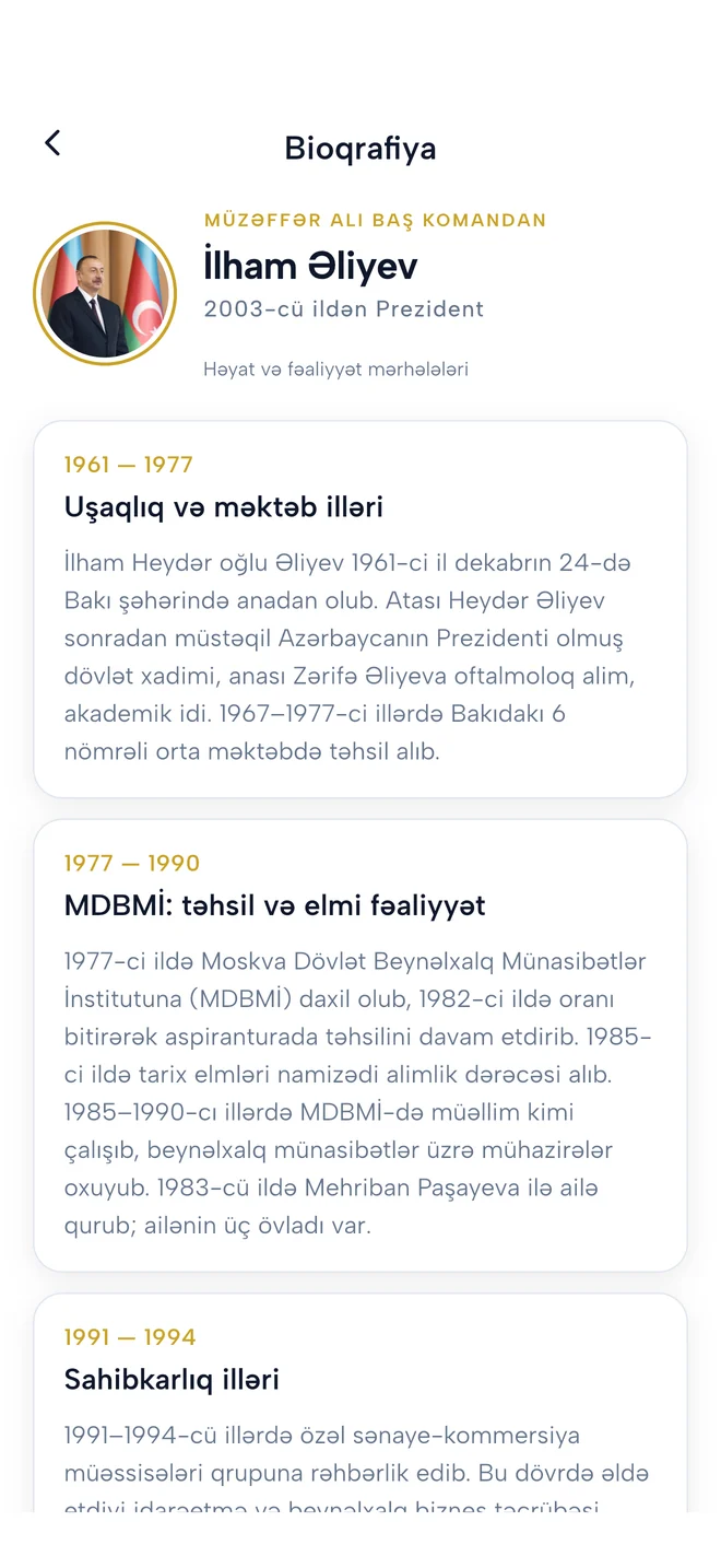 Victory Leader Aliyev tətbiqi — İlham Əliyevin bioqrafiyası